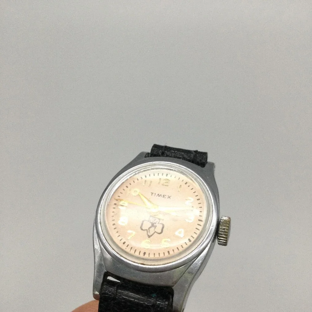 Vintage Timex Girls Scouts Watch 23mm Cream Dial Black Leather Manual Wind